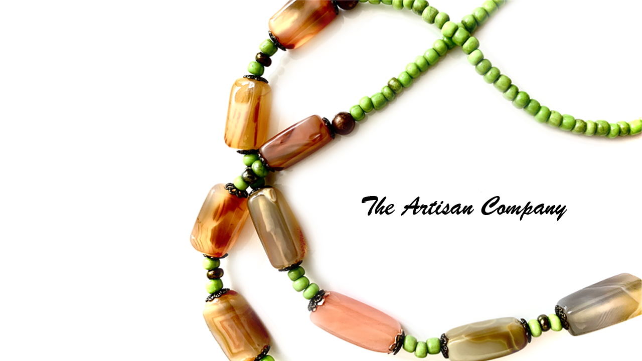 Green Seed Bead and Agate Stone Necklace