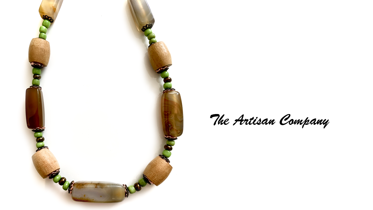Green Seed Bead and Agate Stone Necklace