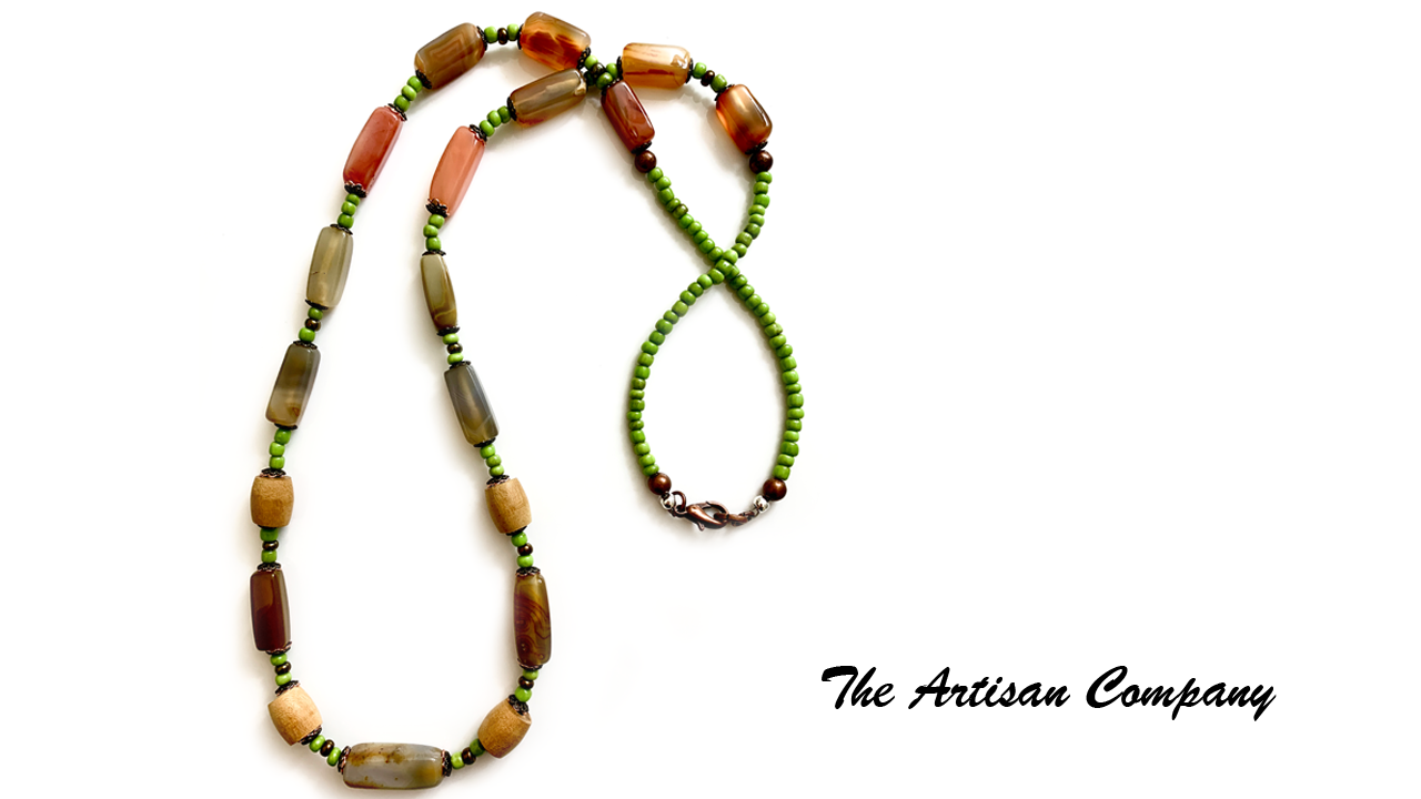 Green Seed Bead and Agate Stone Necklace