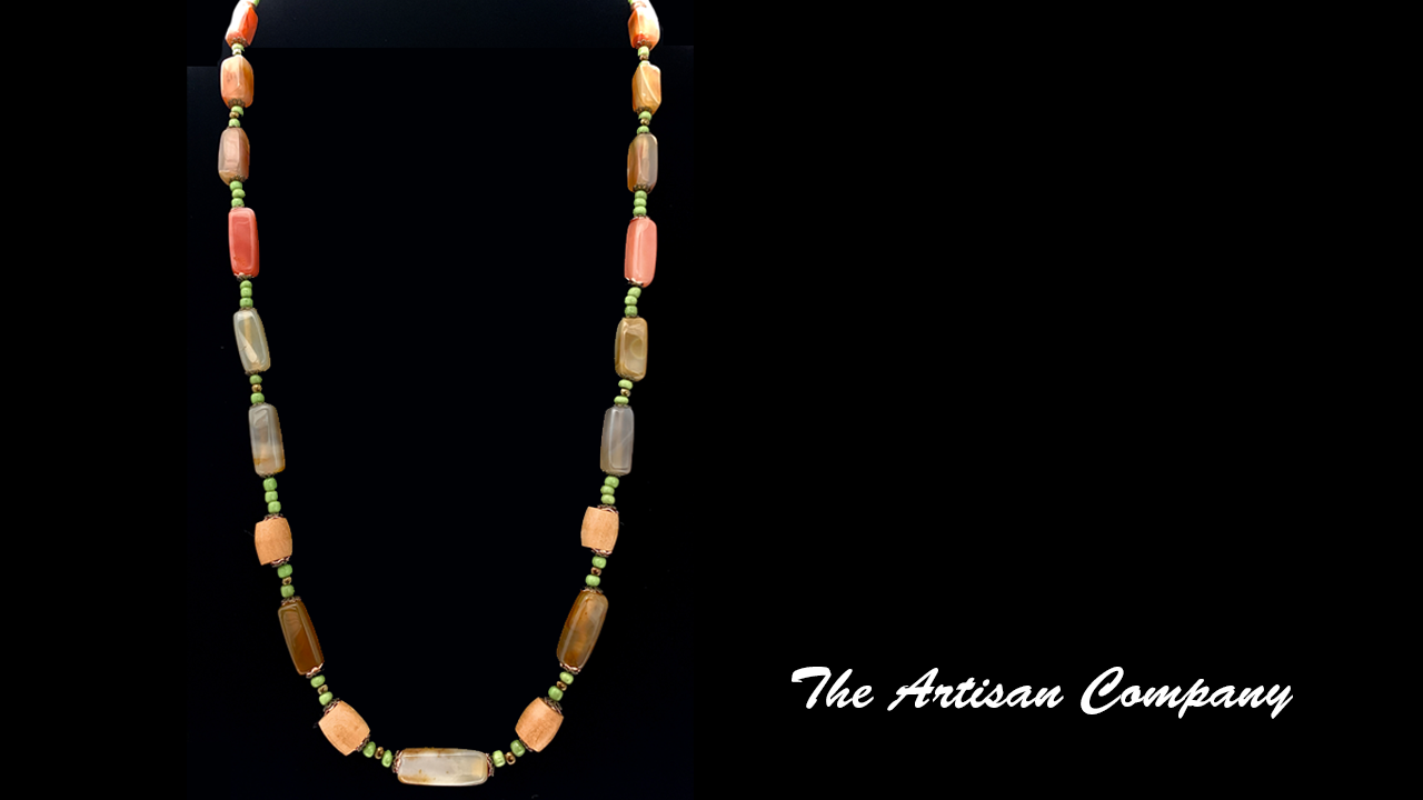 Green Seed Bead and Agate Stone Necklace