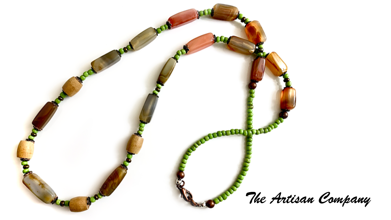 Green Seed Bead and Agate Stone Necklace