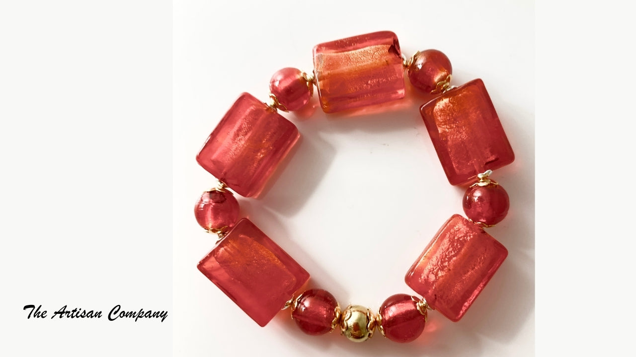 Red Silver Lined Square Bead Stretch Bracelet