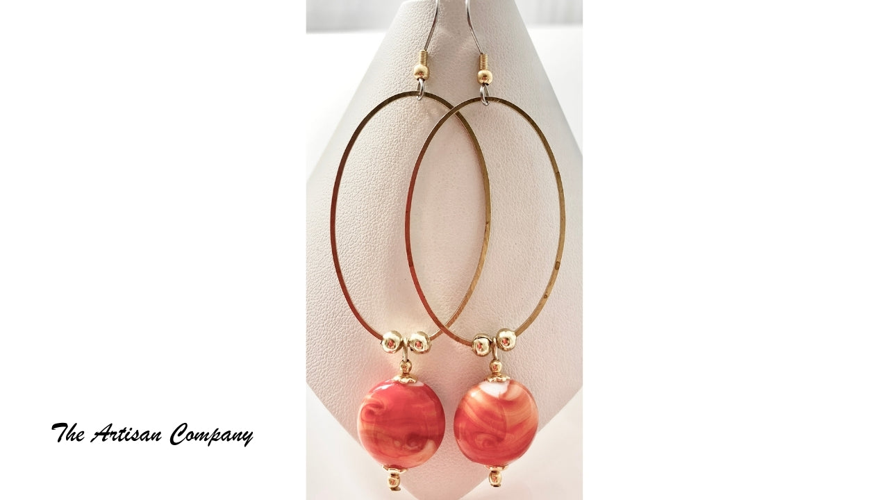 Gold Hoop and Orange Ceramic Bead Earrings