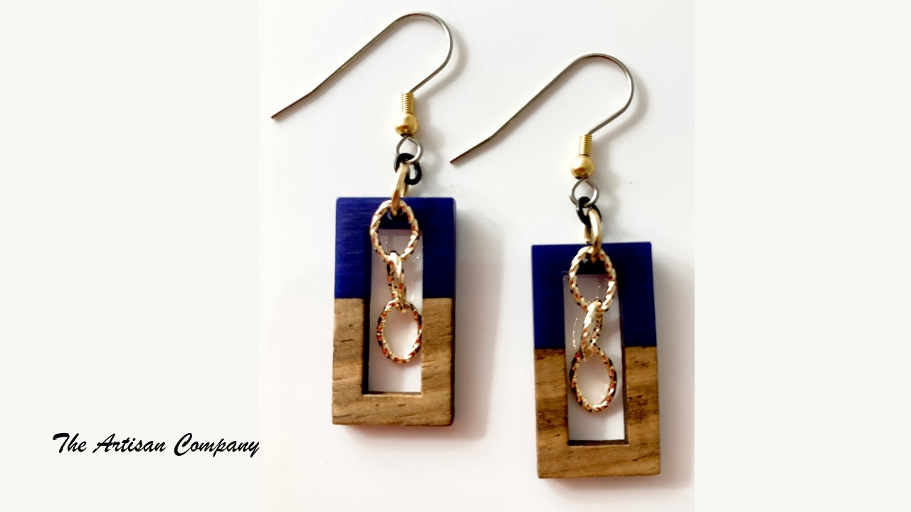 Indigo Open Rectangle with Wood Earrings