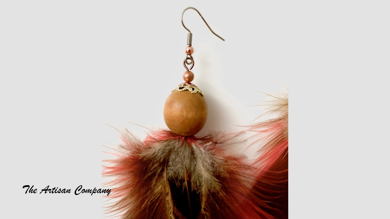 Red Feather and Wood Earrings