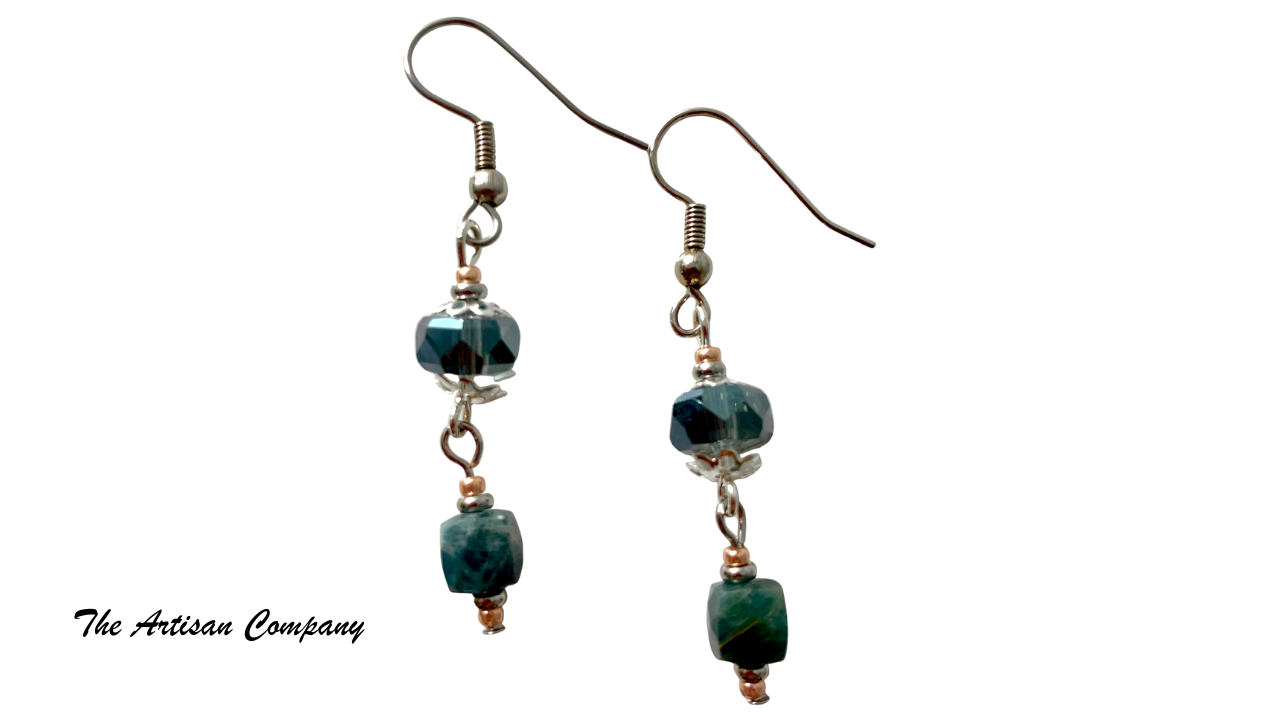 Blue Apatite Stone and Cut Glass Necklace with Earrings