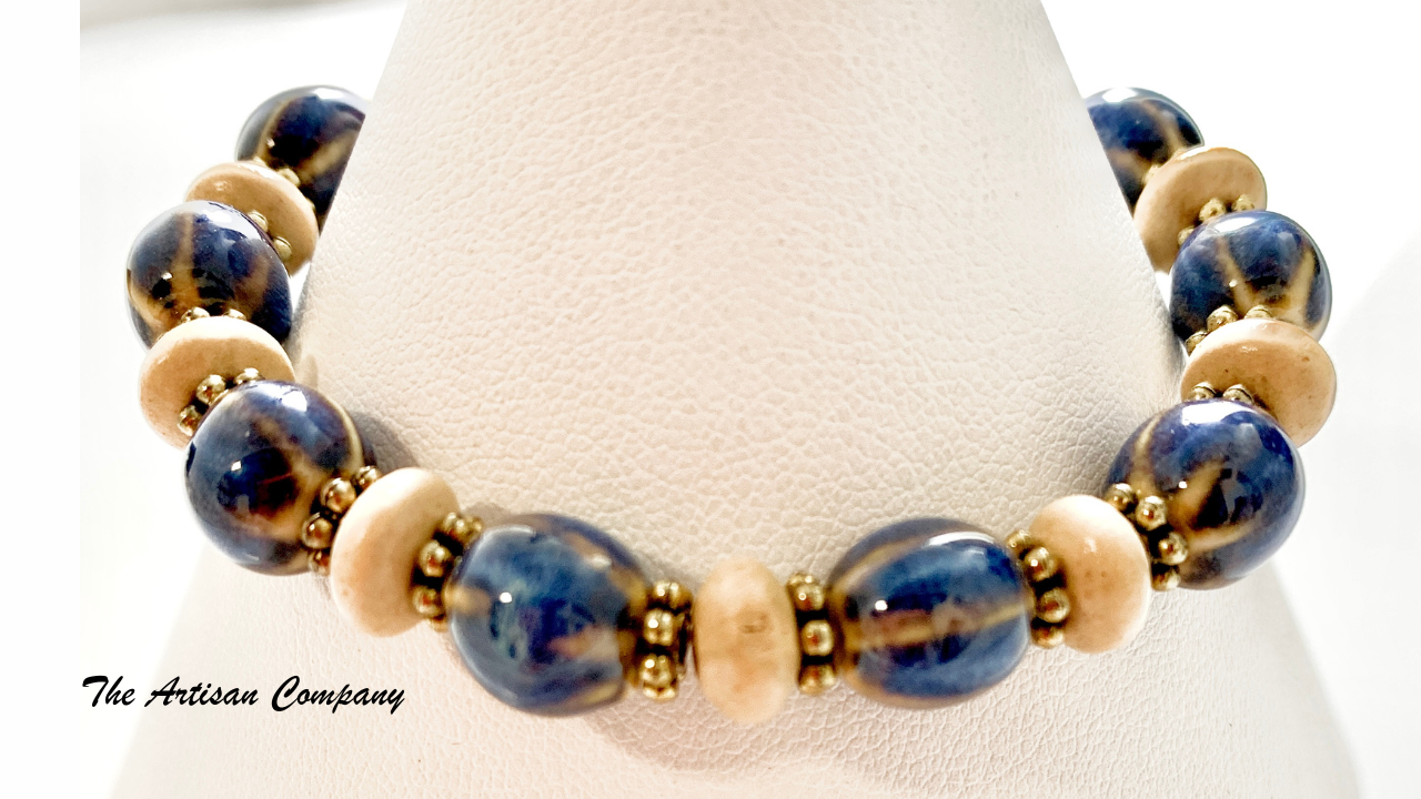Blue Ceramic and Wood Bead Stretch Bracelet