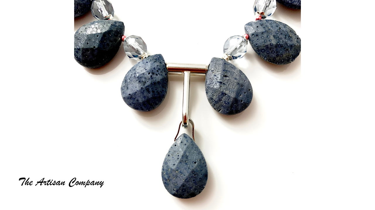 Blue Teardrop Sponge Coral Necklace w/ Earrings