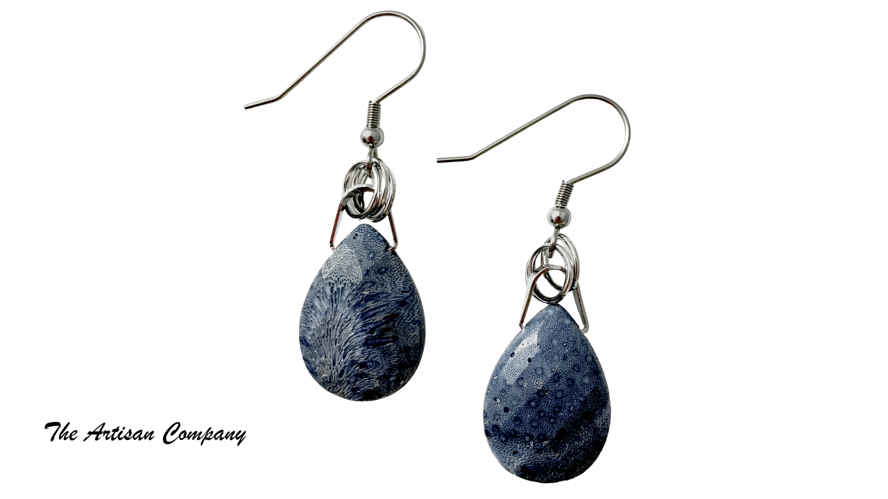 Blue Teardrop Sponge Coral Necklace w/ Earrings