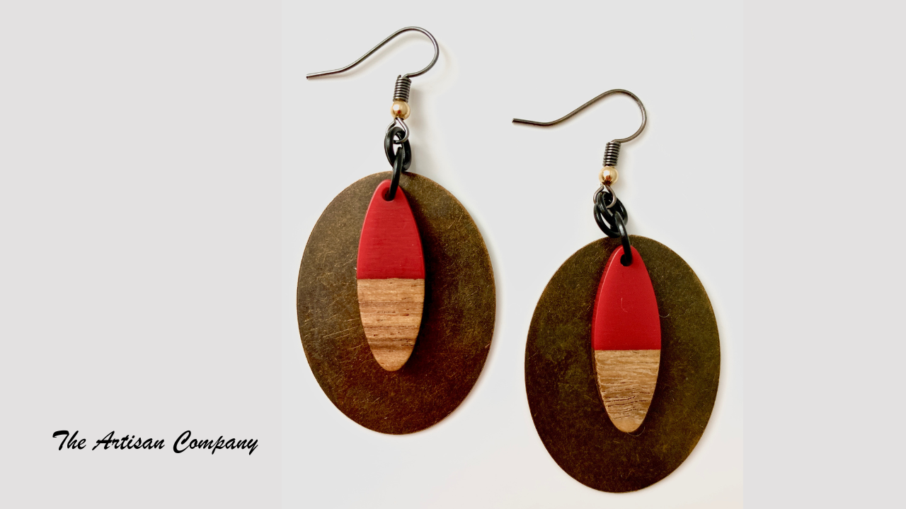 Brass Oval with Red Resin Drop Earrings