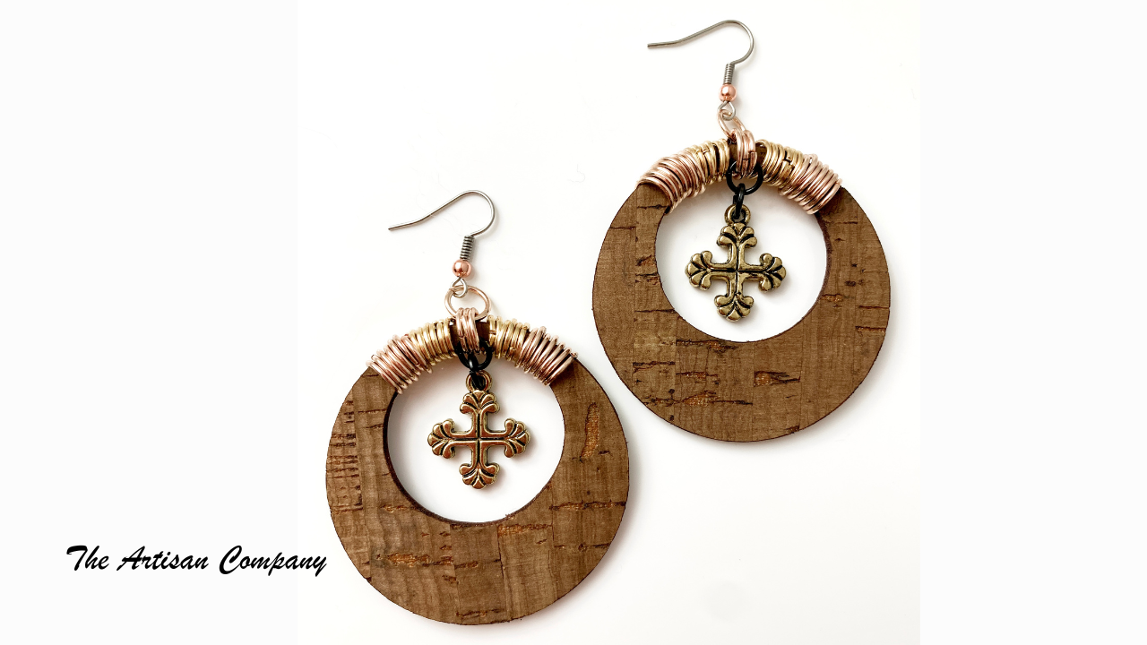 Brown Cork Hoops with Cross Earrings