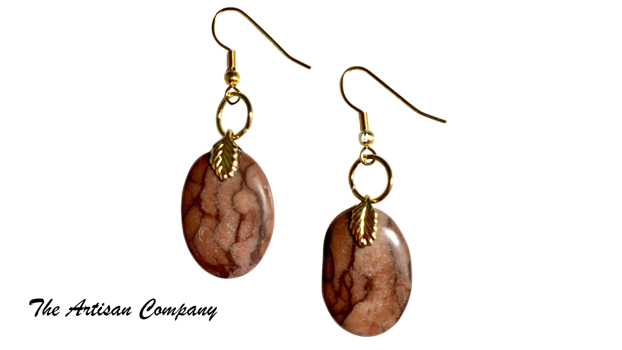 Brown Zebra Jasper Stone Earrings - Gold