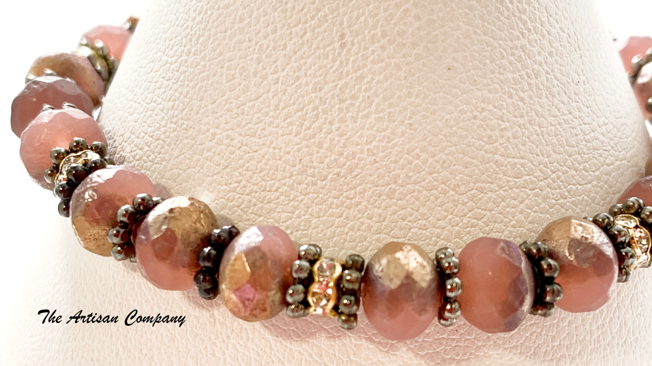 Copper Etched Dusty Rose Glass Bracelet with Rhinestones - Stretch