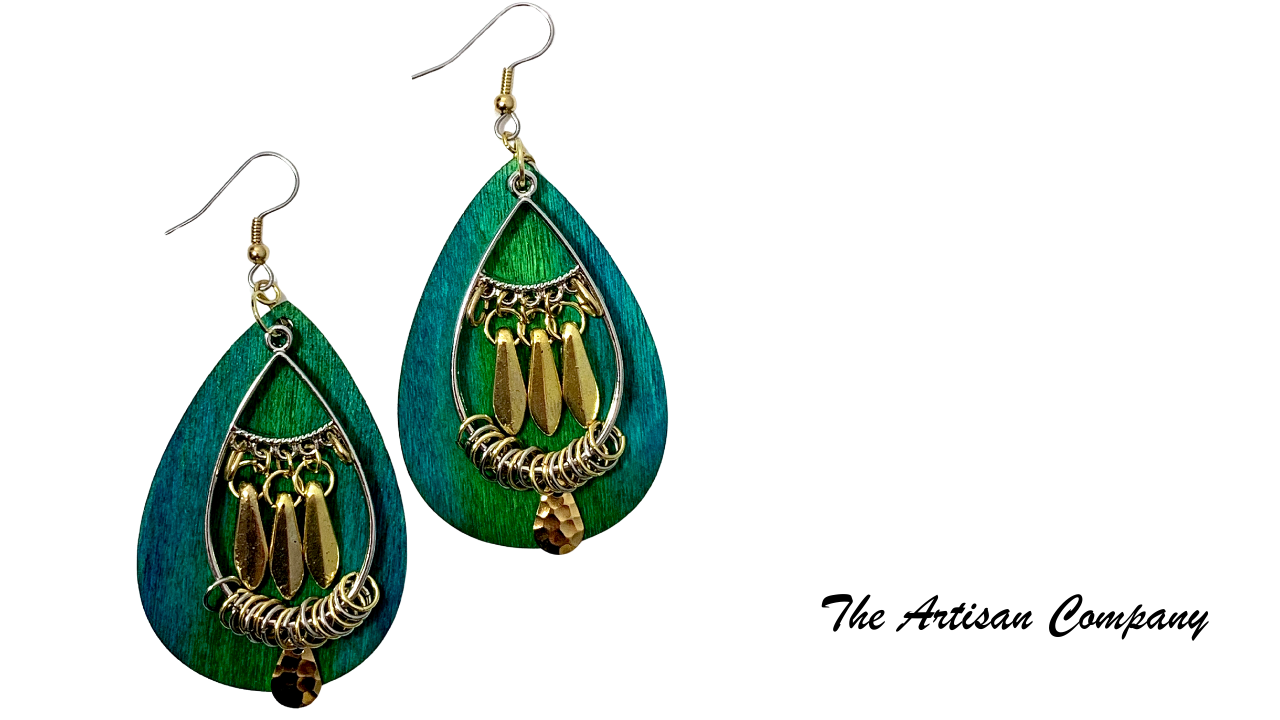 Custom Dyed Balsa Wood Earrings - Turquoise Tone