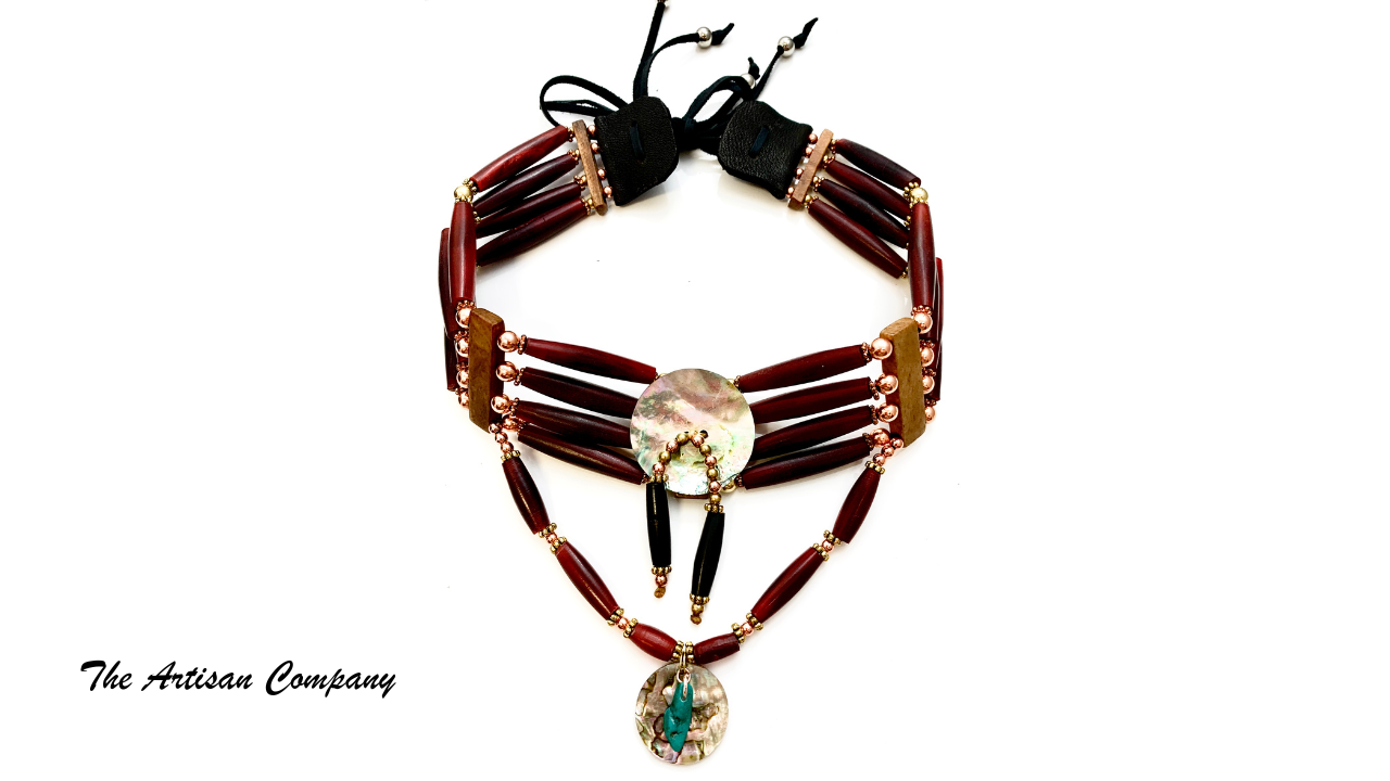 Traditional Native Four Strand Red Horn Choker with Abalone