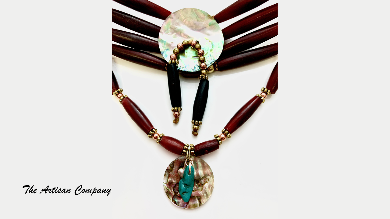 Traditional Native Four Strand Red Horn Choker with Abalone
