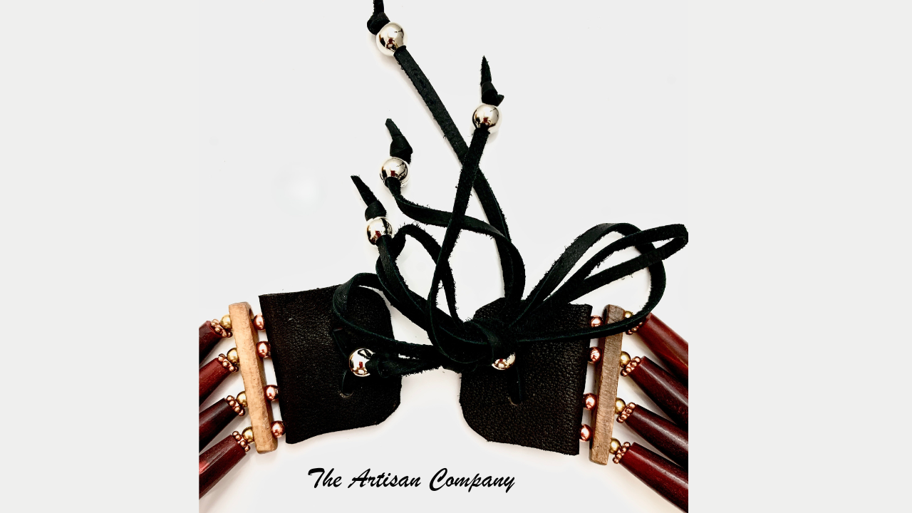 Traditional Native Four Strand Red Horn Choker with Abalone