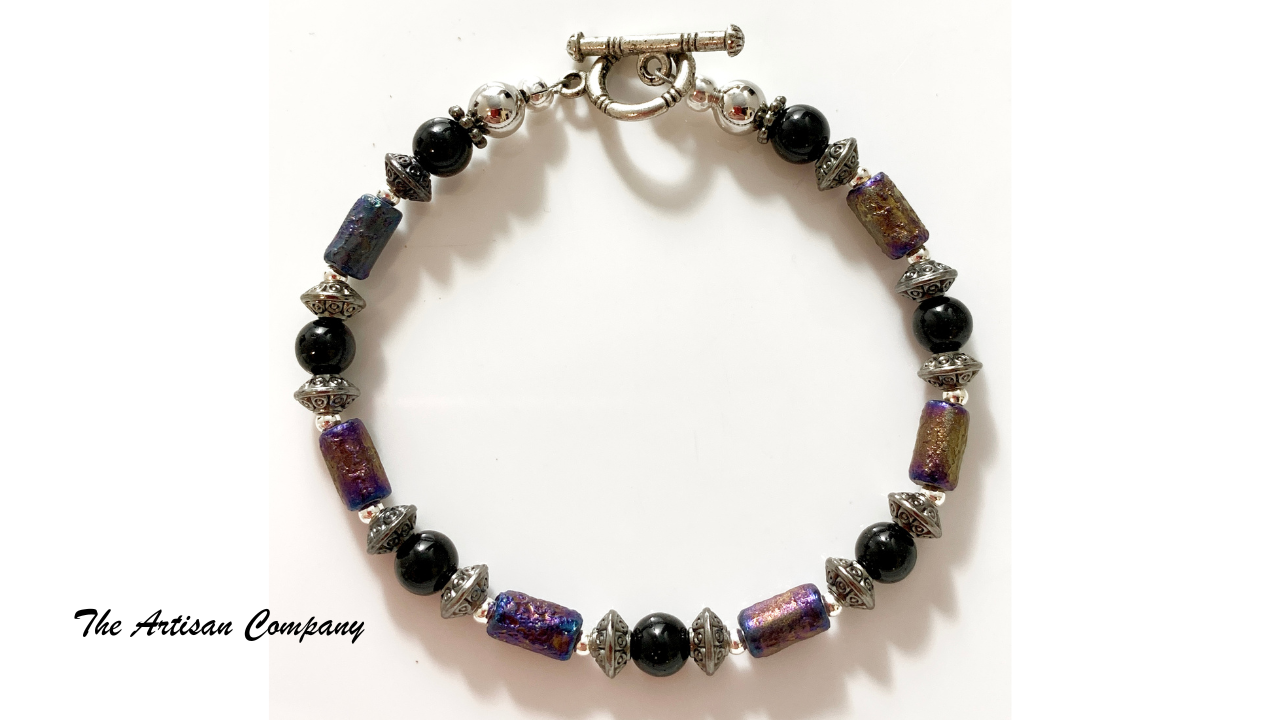 Gold Wash Purple Tube Bead Bracelet with Onyx