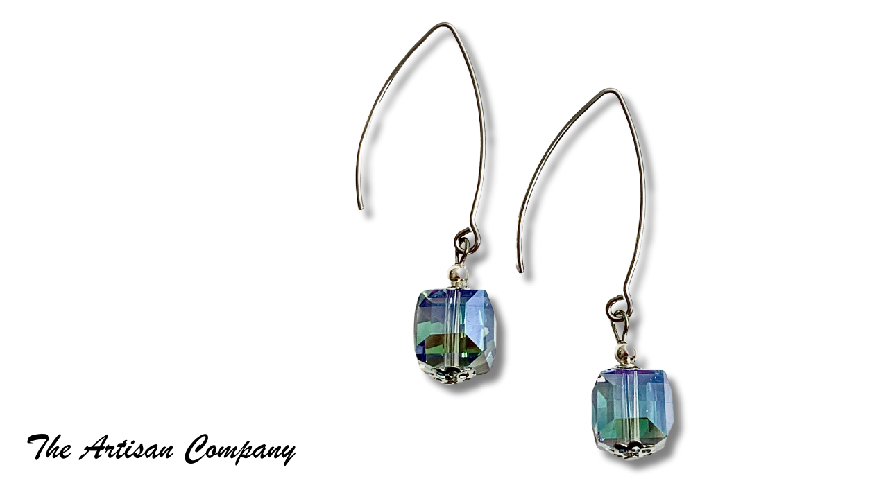 Green Cut Glass Cube Earrings