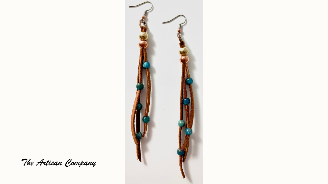 Saddle Tan Deer Hide Earrings with Apatite Stone