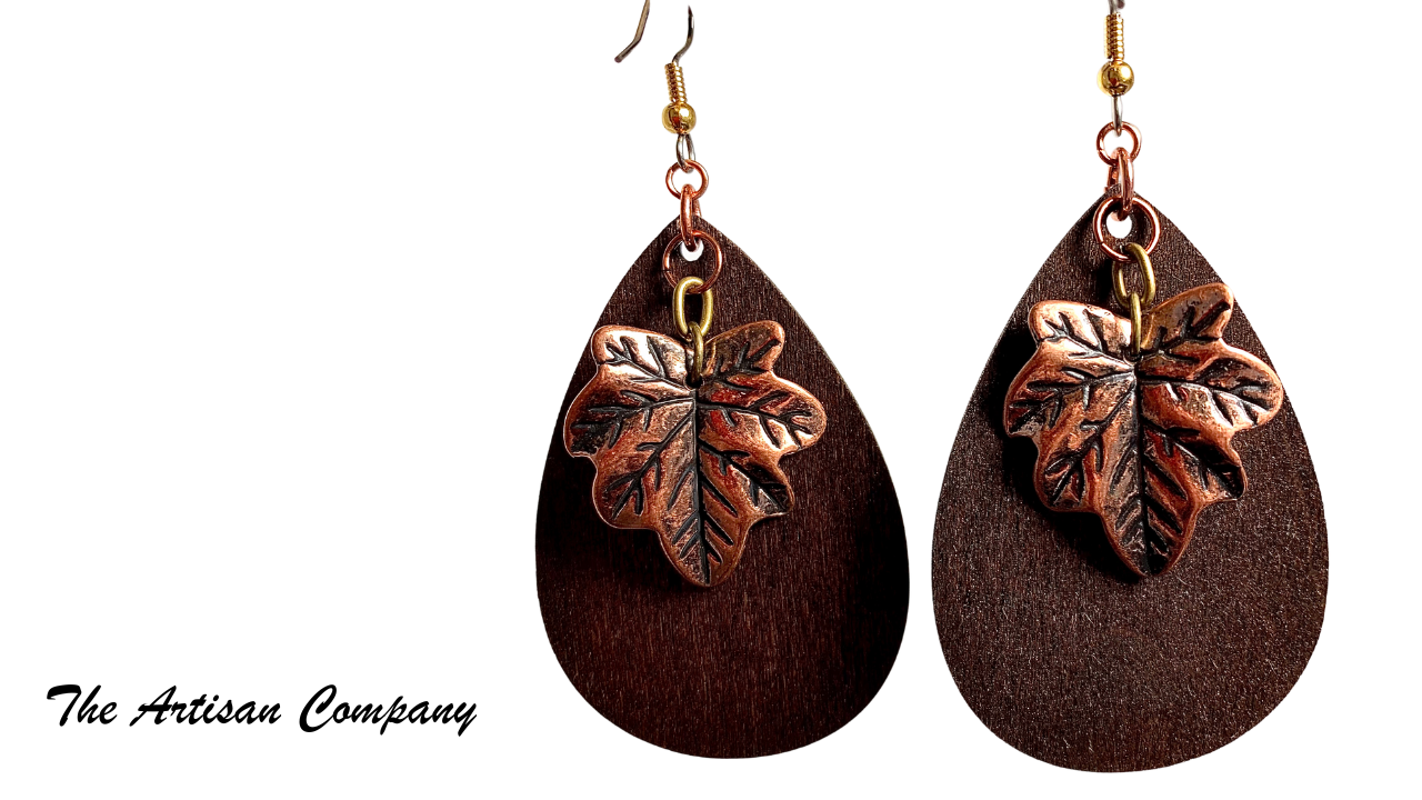 Wooden Drop Earring w/ Faux Metal Embellishments