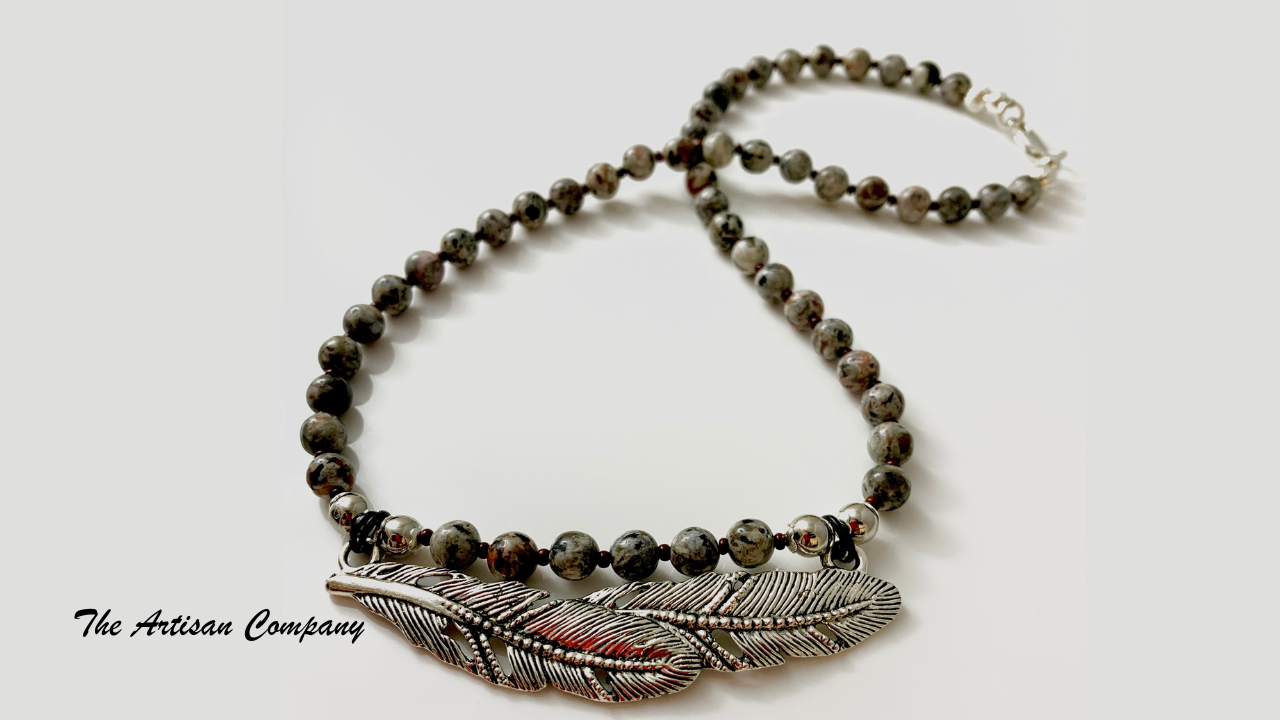 Yooperlite Stone and Metal Feather Necklace w Earrings