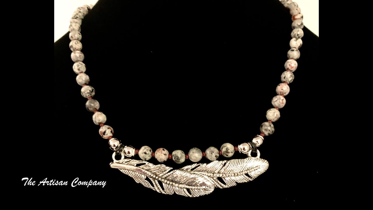 Yooperlite Stone and Metal Feather Necklace w Earrings
