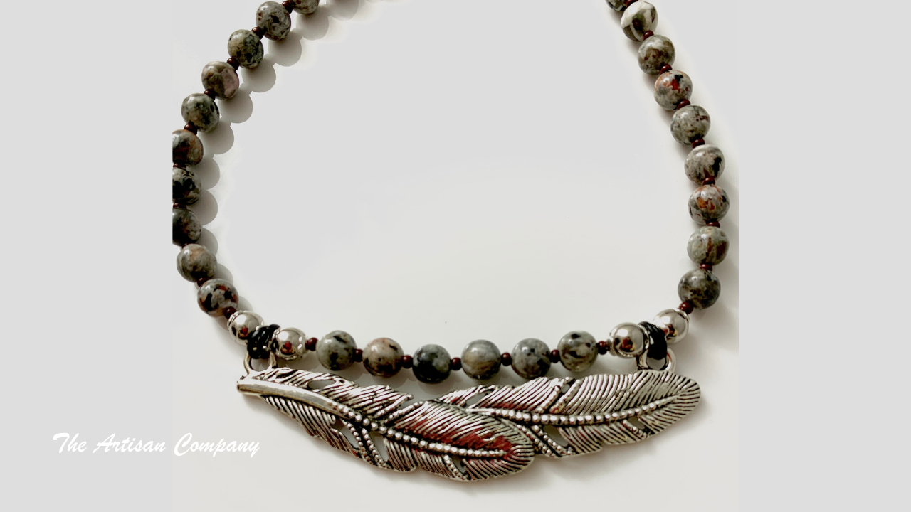 Yooperlite Stone and Metal Feather Necklace w Earrings