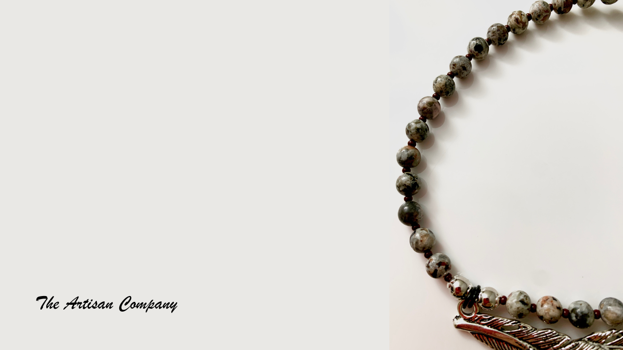 Yooperlite Stone and Metal Feather Necklace w Earrings
