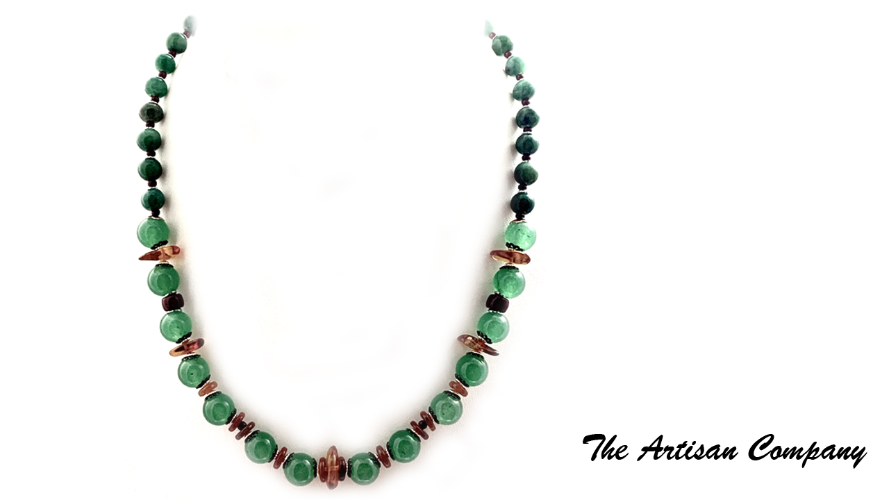 Green Aventurine with Carnelian and Amber Necklace