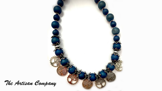 Dark Blue Druzy Agate Stone Tree of Life Necklace