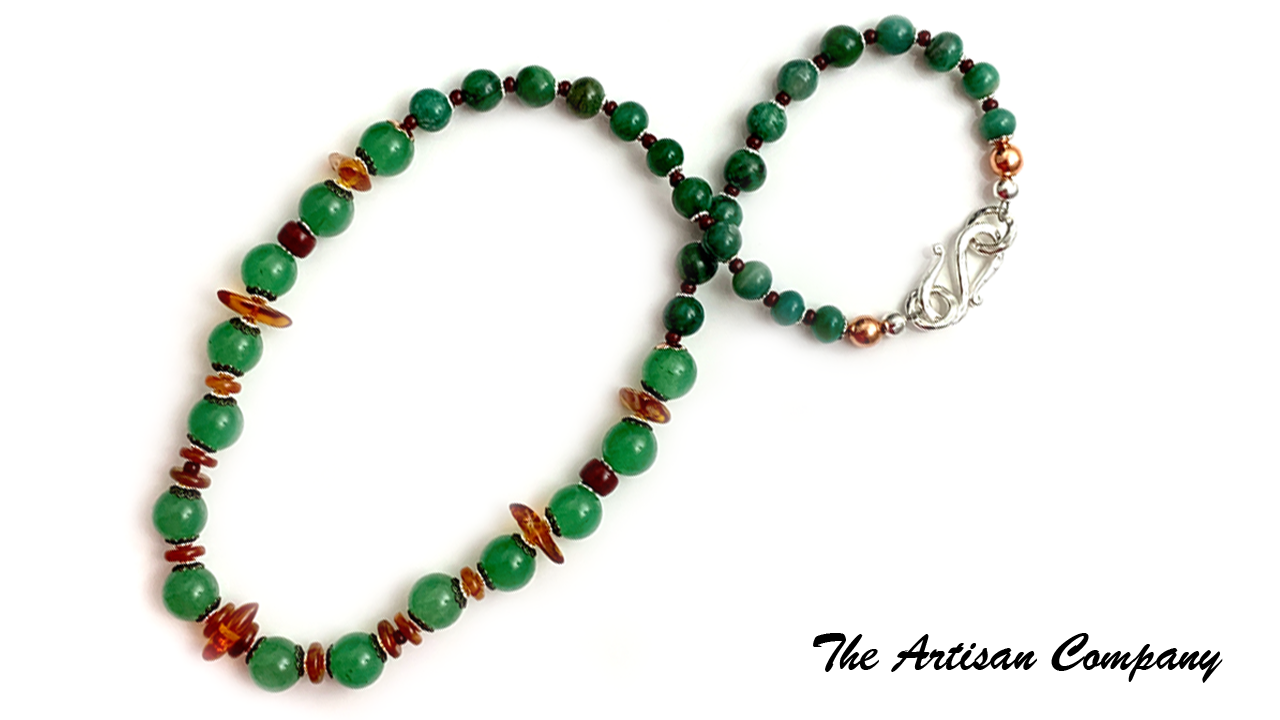 Green Aventurine with Carnelian and Amber Necklace