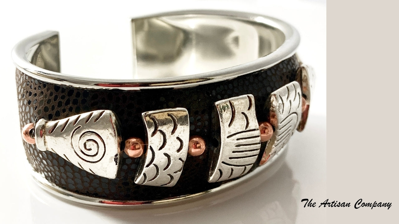 Brown Leather & Fish Cuff Bracelet