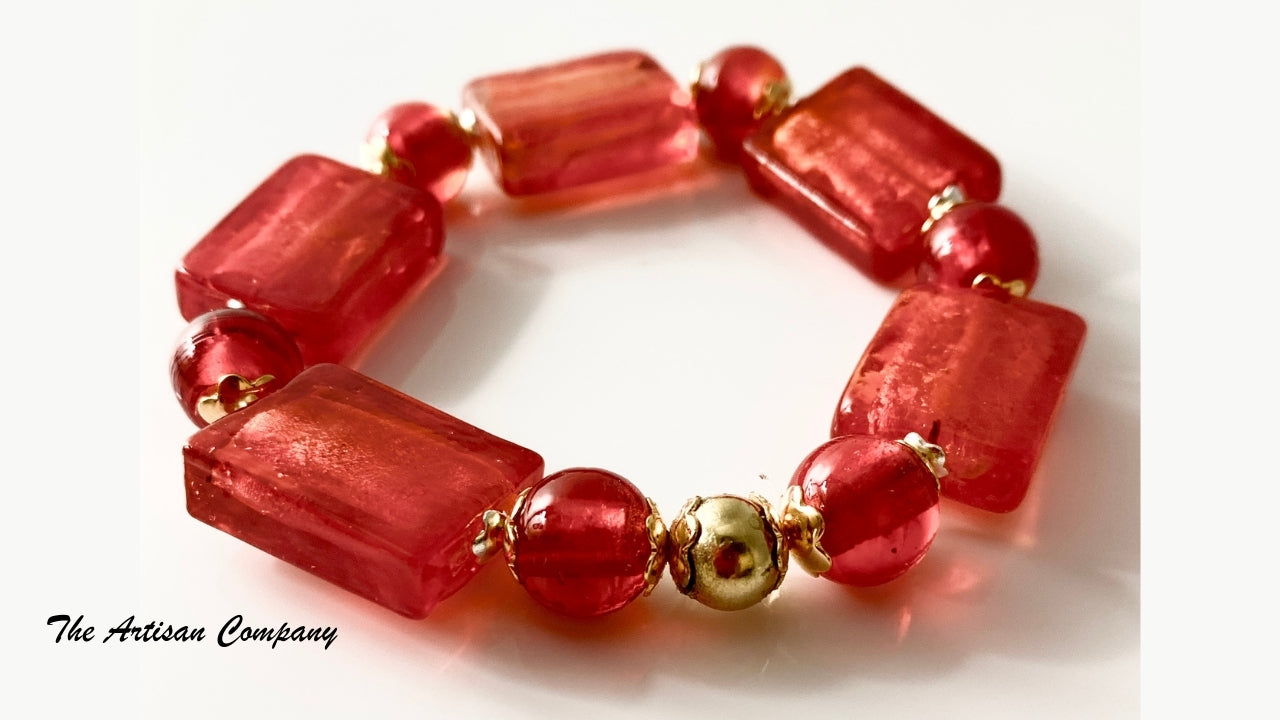 Red Silver Lined Square Bead Stretch Bracelet