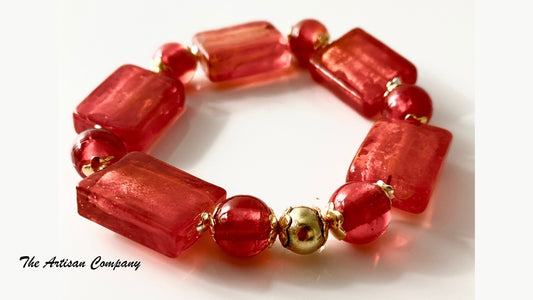Red Silver Lined Square Bead Stretch Bracelet