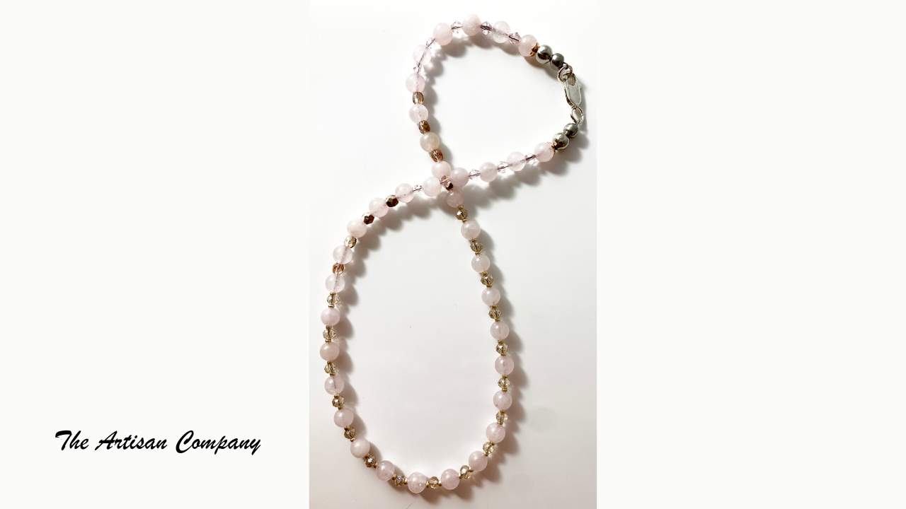 Rose Quartz Stone and Cut Glass Necklace with Earrings