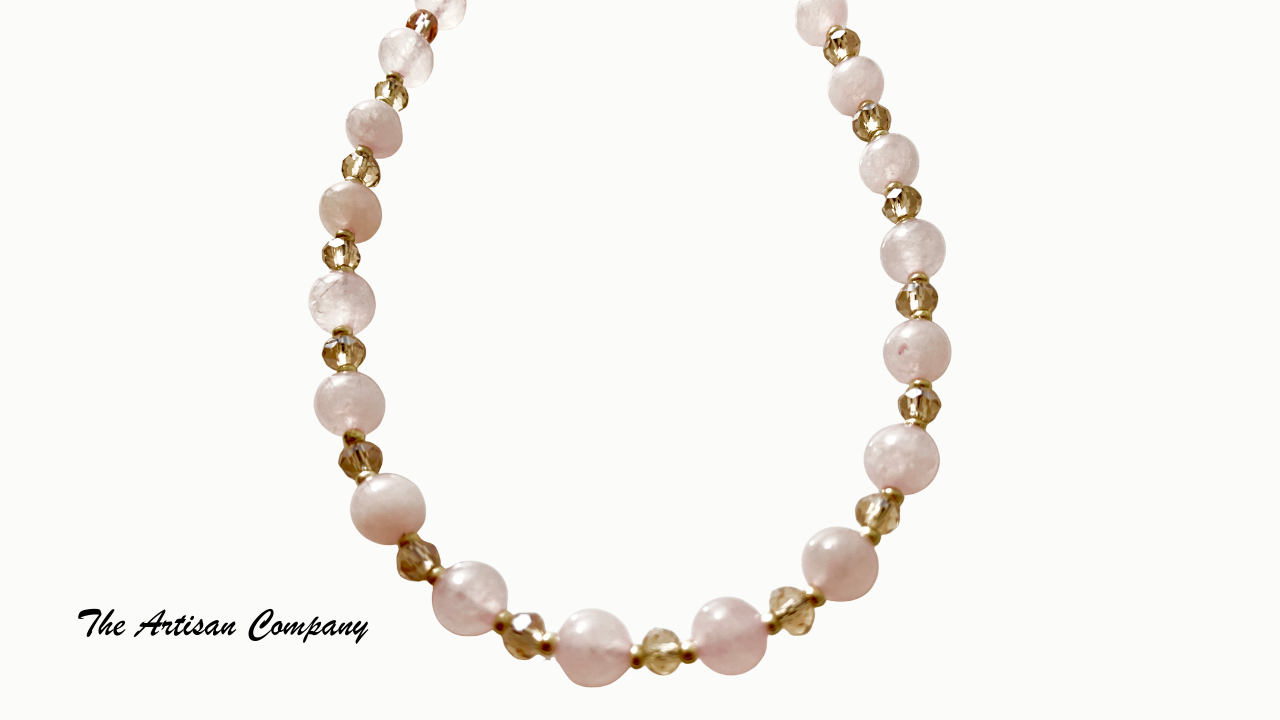 Rose Quartz Stone and Cut Glass Necklace with Earrings