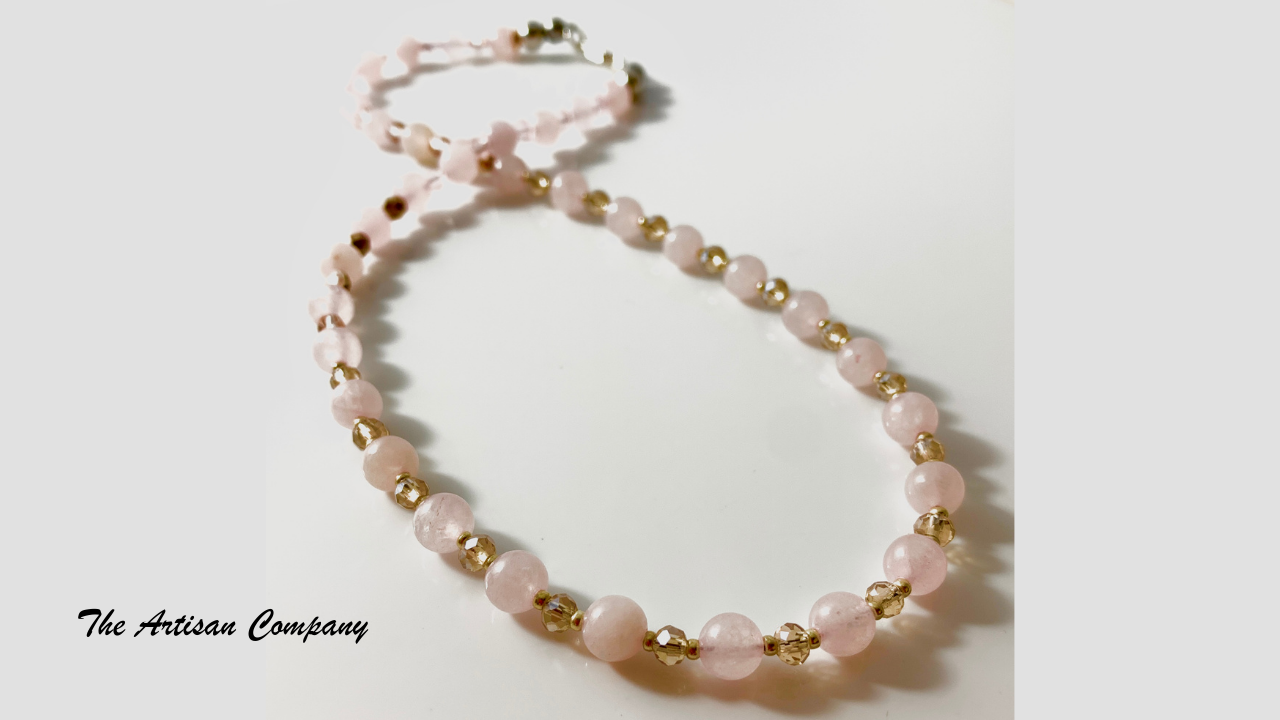 Rose Quartz Stone and Cut Glass Necklace with Earrings