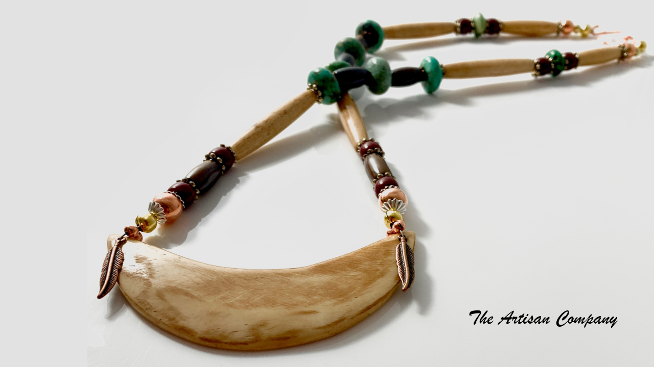 Bone Crescent Necklace with Chrysocolla Stone