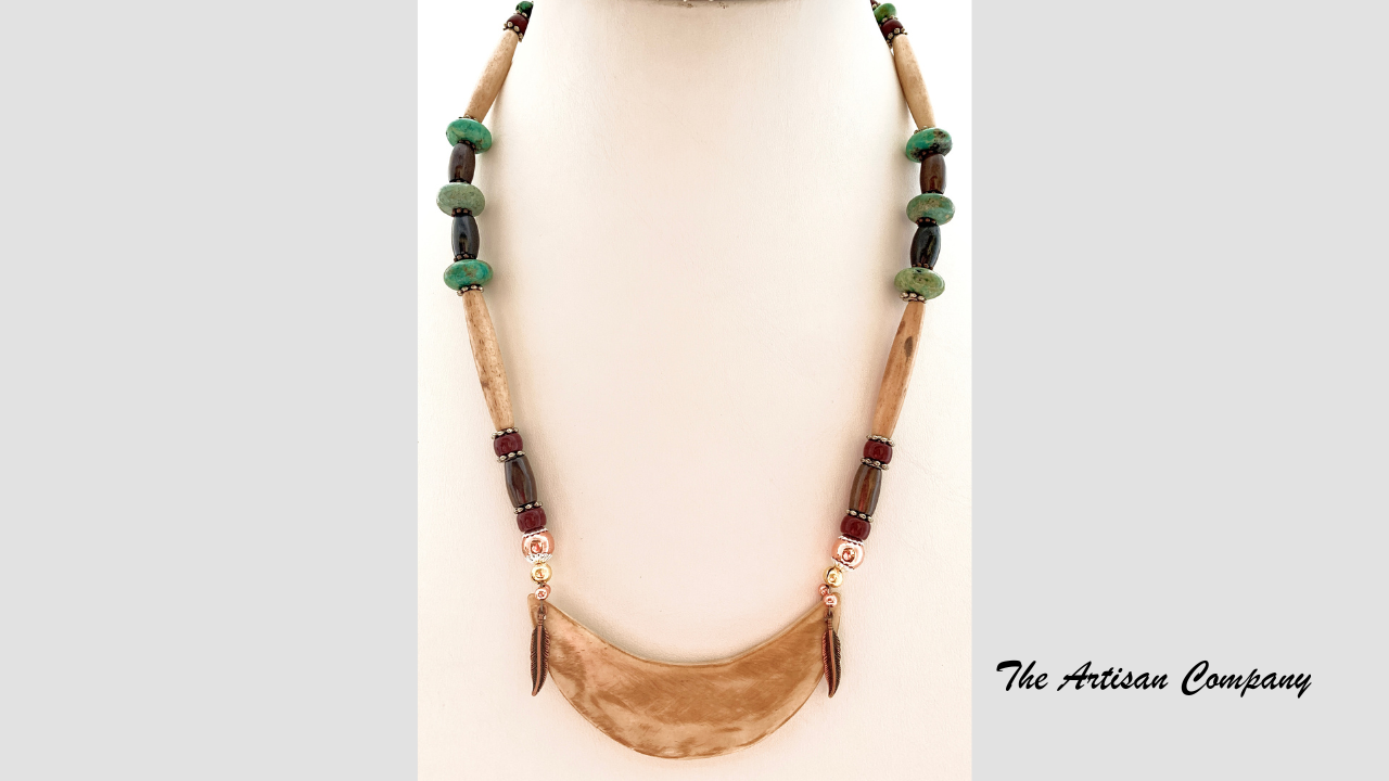 Bone Crescent Necklace with Chrysocolla Stone