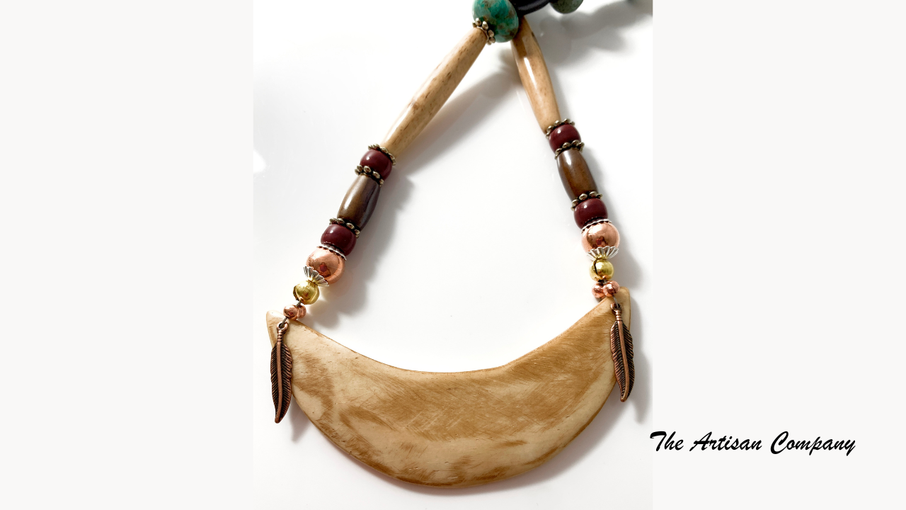 Bone Crescent Necklace with Chrysocolla Stone