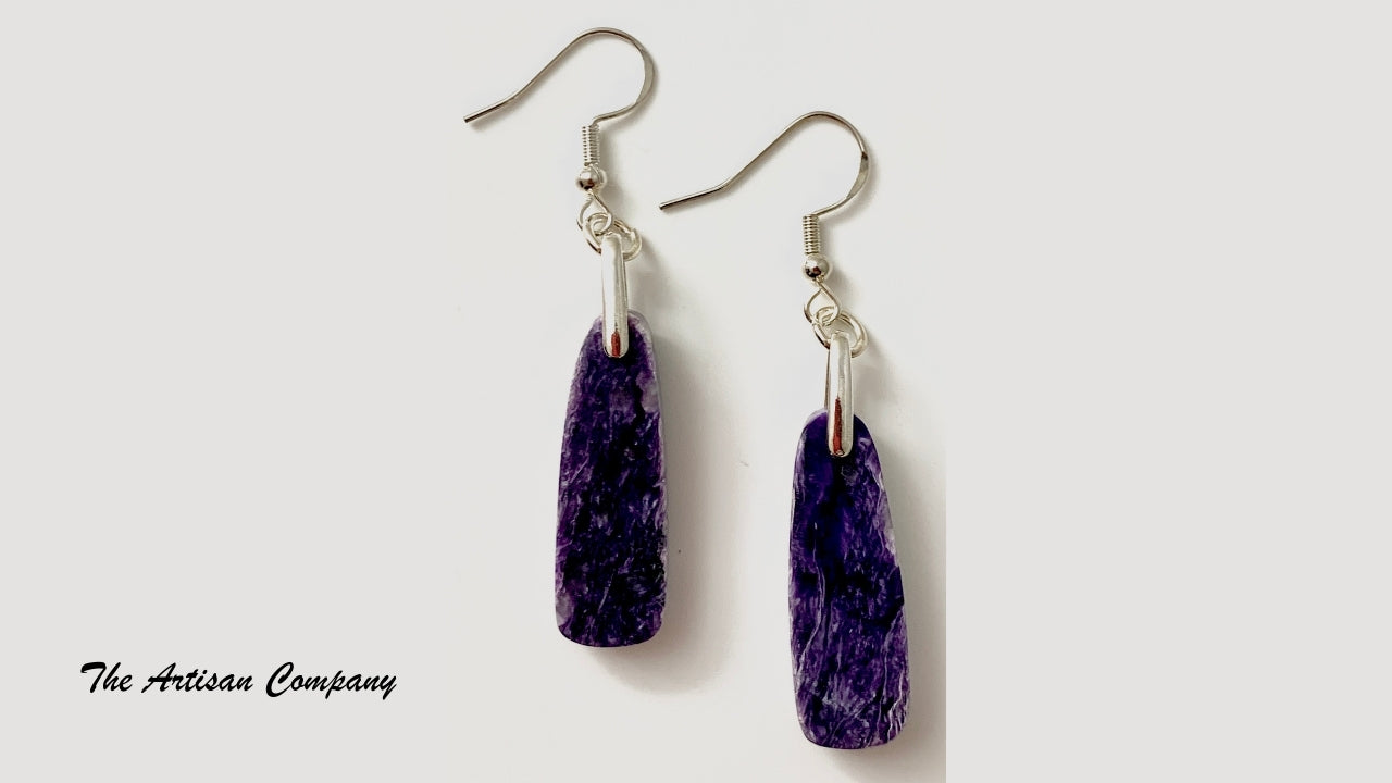 Charoite Drop Slab Earrings (Russia)