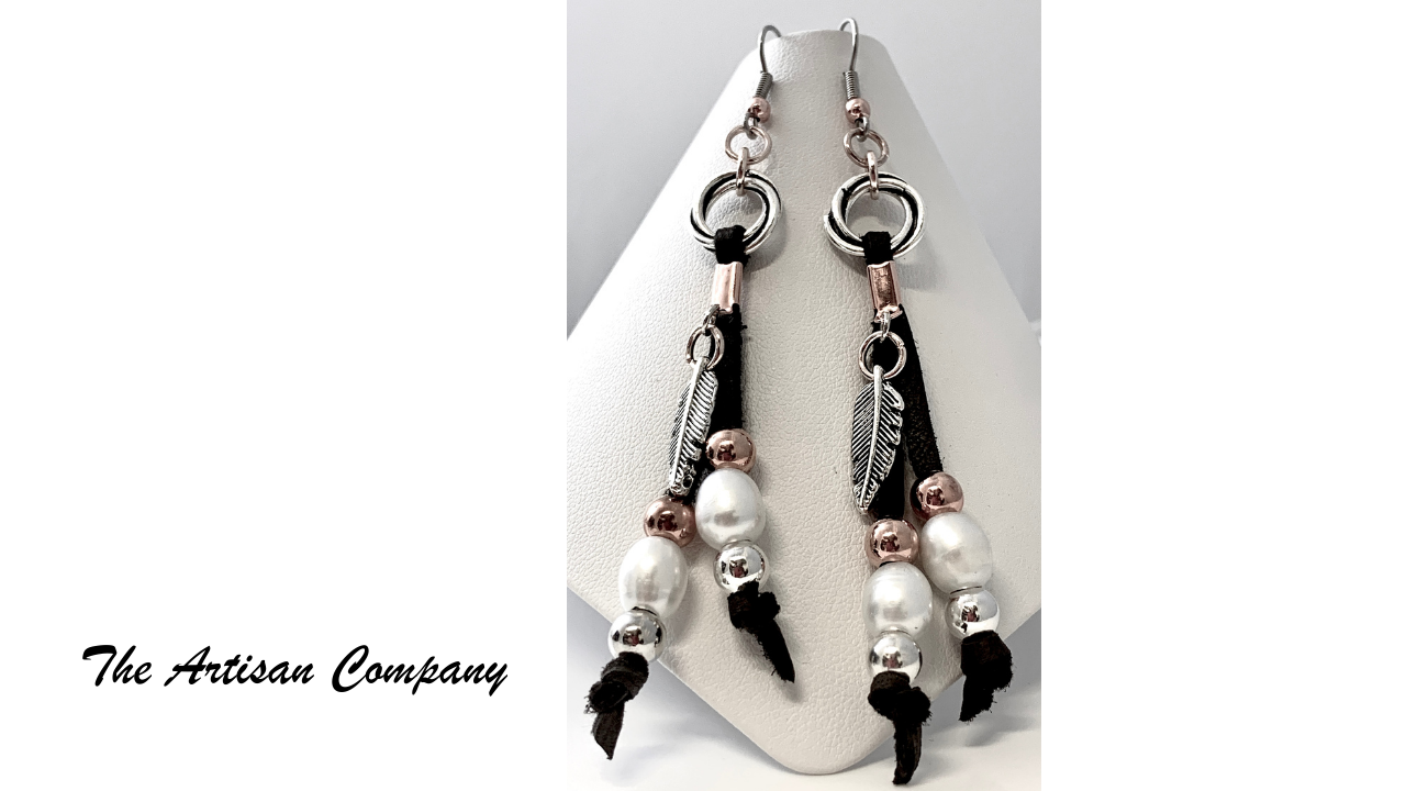 White Pearl & Leather Earrings