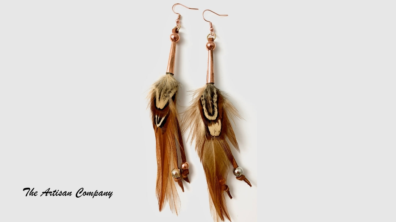 Furnish Hackle Feather Earrings with Copper Cones