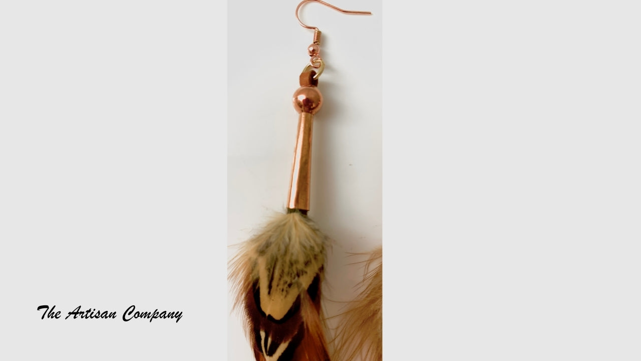 Furnish Hackle Feather Earrings with Copper Cones