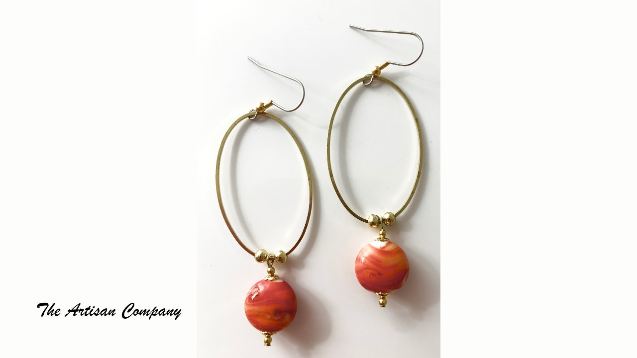 Gold Hoop and Orange Ceramic Bead Earrings