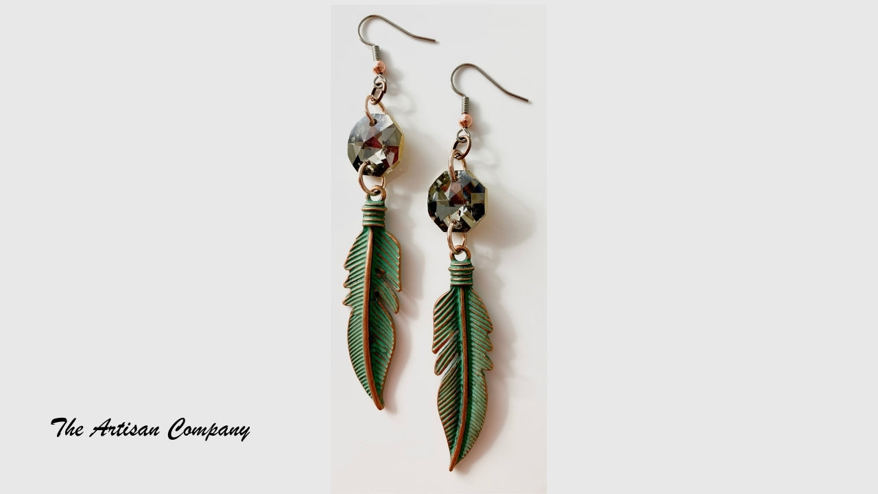 Green Patina Feather Earrings with Rhinestones