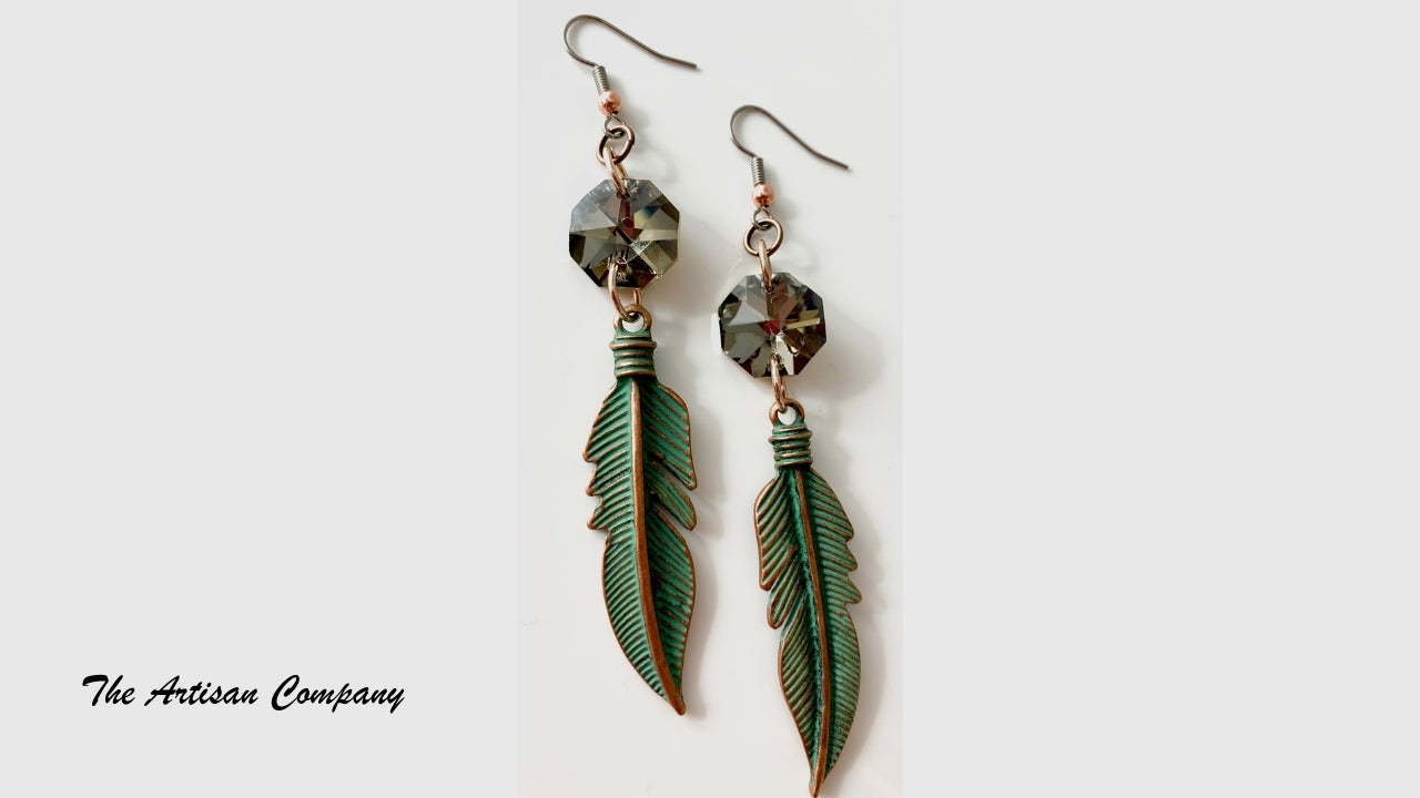 Green Patina Feather Earrings with Rhinestones
