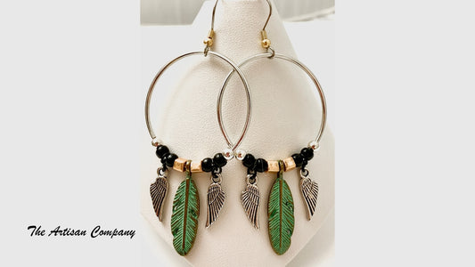 Green Patina Feather Hoop Earrings