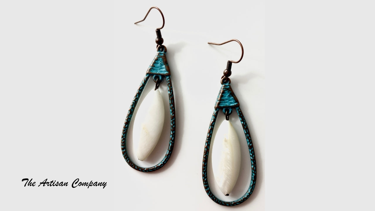 Blue Patina Copper with Shell Earrings